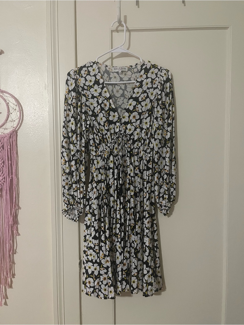 Hale Bob Black Floral Long-Sleeve V-Neck Dress with White and Yellow Flowers